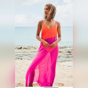 Lulus Coral Red And Magenta Maxi Seaside Retreat Resort Swim Cover Up Sz S